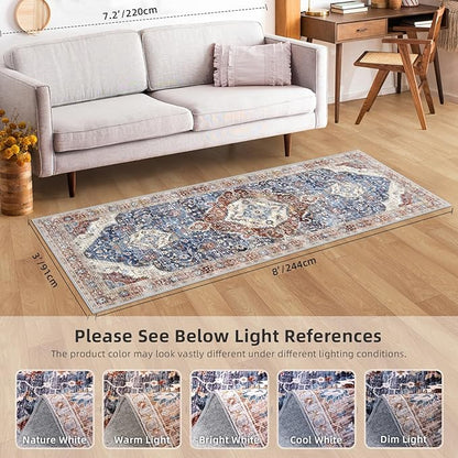 Boho Runner Rug 3x8 Low Pile Rug Runners for Hallway Kitchen Distressed Carpet Runner Rug Non-Slip Brown/Navy Blue