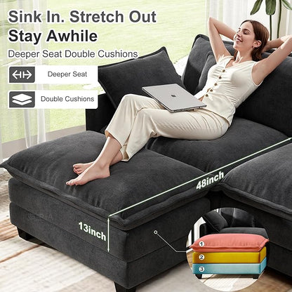 146" Cloud Couch Sectional, U Shaped Modular Sectional Sofa, 4-Seat Deep Seat Couch with 6 Removable Washable Pillows and 2 Ottoman for Living Room, Bedroom, Apartment, Black