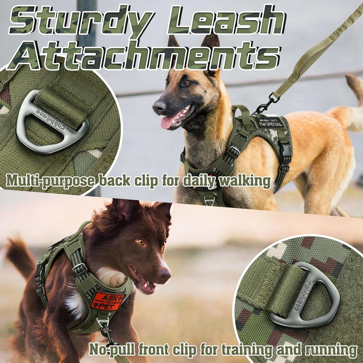 rabbitgoo Tactical Dog Harness for Small Dogs, No Pull Military Service Vest with Handle & Molle, Easy Control for Training Walking, Adjustable Reflective Straps, Green camo, S