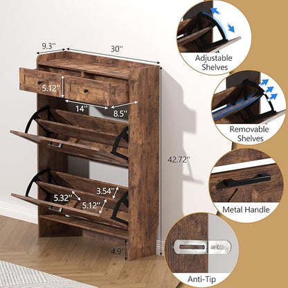 Shoe Cabinet with 2 Flip Drawers & 2 Storage Drawers, Rustic Farmhouse Narrow