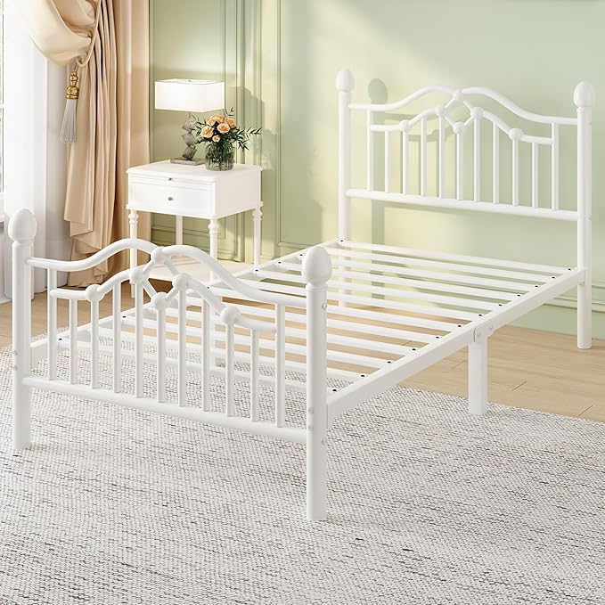 Twin Metal Platform Bed Frame, Bed Frame with Victorian Headboard and Footboard, Strong Metal Slats Support, Mattress Foundation No Box Spring Needed, Easy Assembly, Noise Free, White