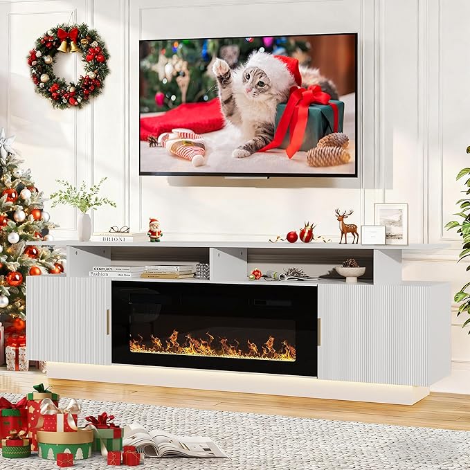 70” Fluted TV Stand with 36” Electric Fireplace, 2 Tier TV Console Cabinet with