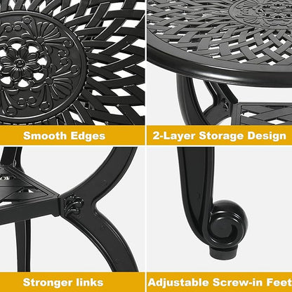 WILOUNGE Cast Aluminum Outdoor Side Table,Small Patio Table,Outdoor Coffee Tables for Patio,Garden,Balcony, for All Weather (Black, Round)