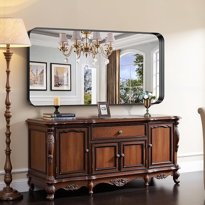 CIRCUMI Black Bathroom Mirror, Rounded Corner, Tempered Glass, Large Mirror