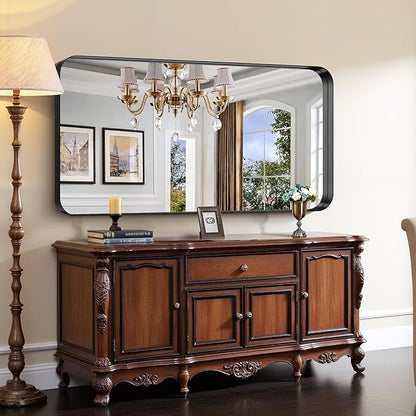 CIRCUMI Black Bathroom Mirror, Rounded Corner, Tempered Glass, Large Mirror