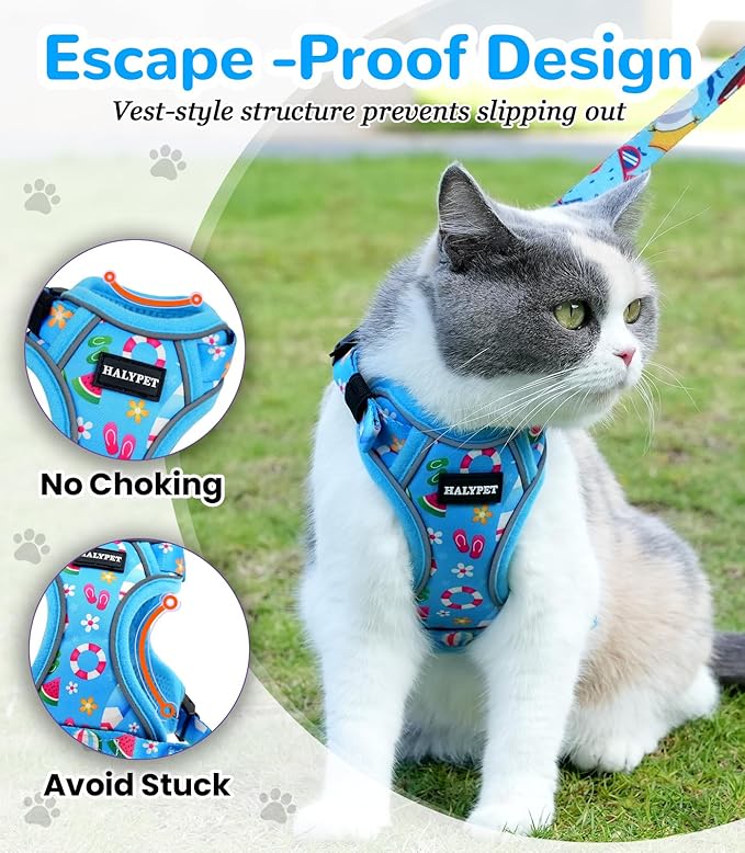 Halypet Cat Harness and Leash Set for Walking, Escape Proof Adjustable Vest Harness with 3-in-1 Integrated Buckles, Easy Control Soft Breathable Mesh with Reflective Strips for Cats, XS, Ocean Blue