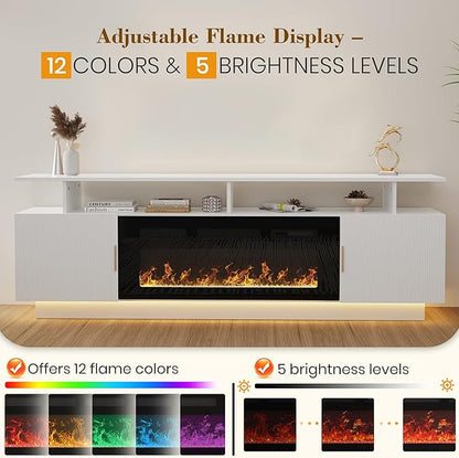 70” Fluted TV Stand with 36” Electric Fireplace, 2 Tier TV Console Cabinet with
