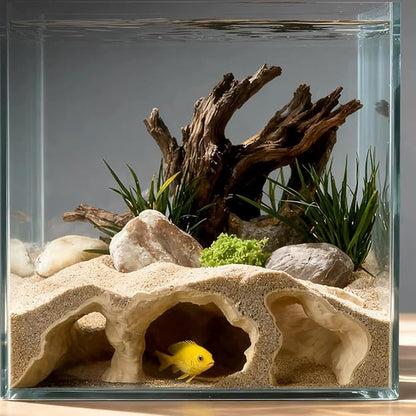 LIYAOLI Aquarium Ornaments Cave Tunnel with Viewing Ports | Fish Tank Decoration Hideout for Pleco, Shrimp & Corydoras | Substrate-Friendly Design & Sinking Base (S - Sand Color)