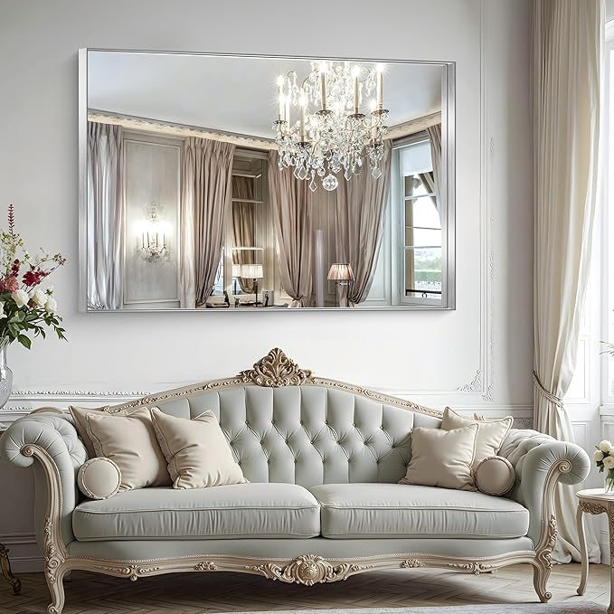 CIRCUMI Silver Bathroom Mirror, Brushed Finish, Tempered Glass, Large Mirror