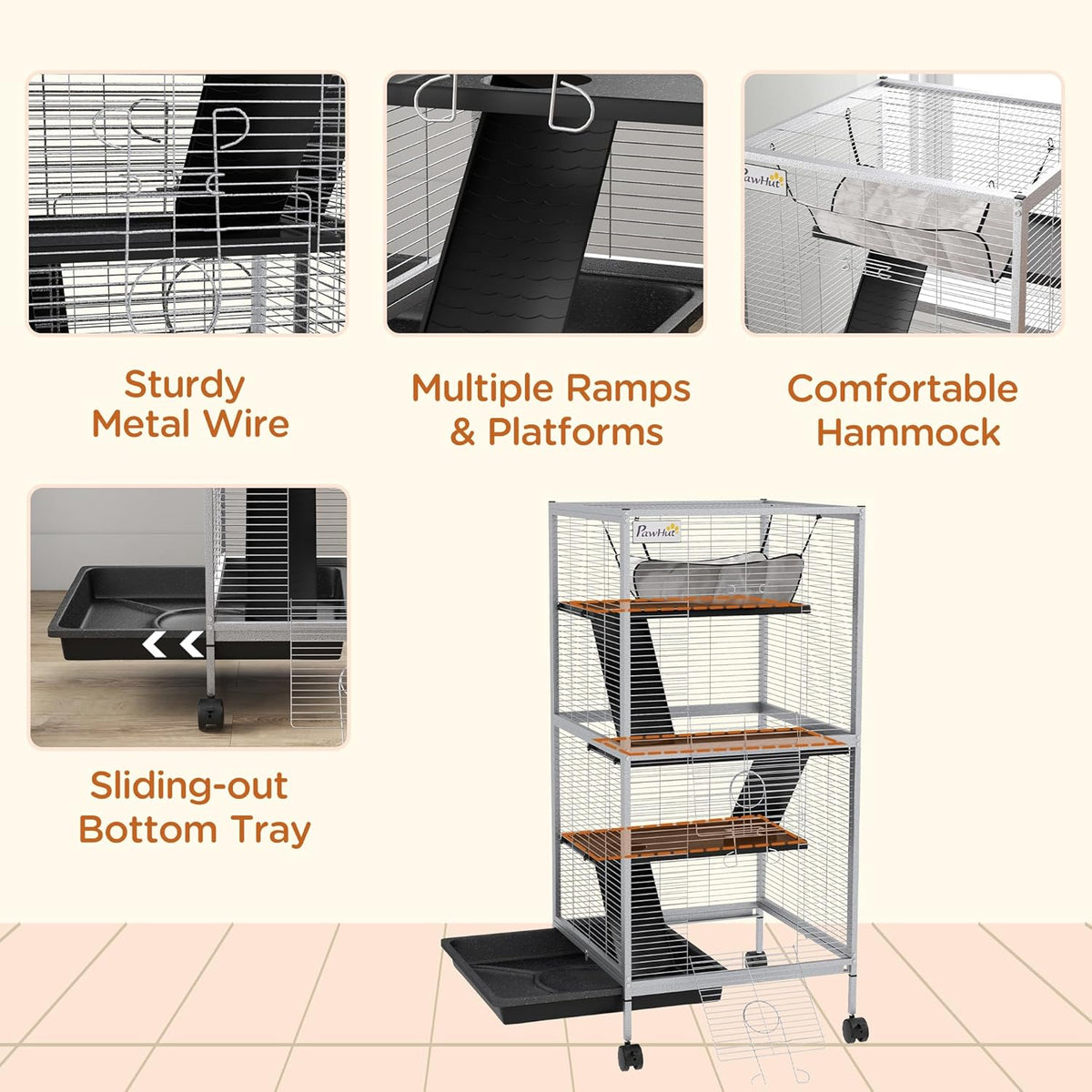 PawHut Metal Small Animal Cage, 4-Tiers Rolling Big Ferret Cage with Hammock, Removable Tray, for Chinchilla, Sugar Glider, White
