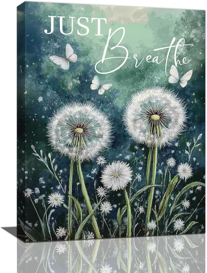 Dandelion Pictures Wall Art, Farmhouse Floral Bathroom Wall Decor, Rustic Inspirational Framed Painting Butterfly White Flower Canvas Artwork for Bathroom Bedroom Living Room Decorations 20"L x 16"W