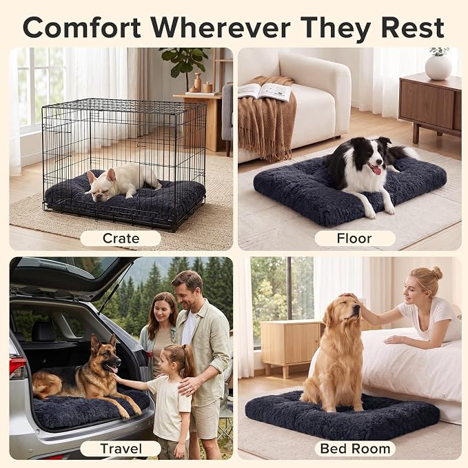 JOEJOY Large Dog Bed Crate Pad, Deluxe Plush Washable Dog Beds Fulffy Soft Kennel Pad Anti-Slip Pet Sleeping Mat for Large Medium Small Dogs, 35" x 23", Dark Grey