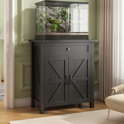 20 Gallon Aquarium Stand With Charging Station, Farmhouse Fish Tank Stand, Reptile Tank Stand Terrarium Stand with Drawer and Cabinet Storage, Sturdy Heavy Duty 27.6"×15.7" Tabletop - Black
