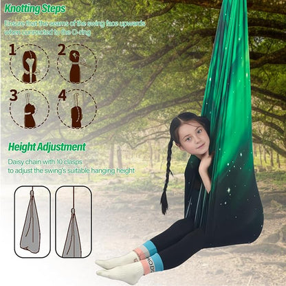 Sensory Swing for Kids Holds up to 300lbs Indoor & Outdoor Therapy Cuddle Swing with Hammock Hooks Hanger Kit for Calming, Effect for Autism, ADHD or SPD. (Space Green)