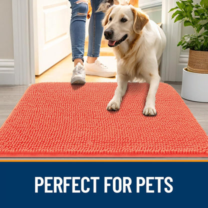 OLANLY Dog Door Mat for Muddy Paws 59x35, Absorbs Moisture and Dirt, Absorbent Non-Slip Washable Doormat, Quick Dry Chenille Mud Mat for Dogs, Entry Indoor Entryway Carpet for Inside Floor, Coral