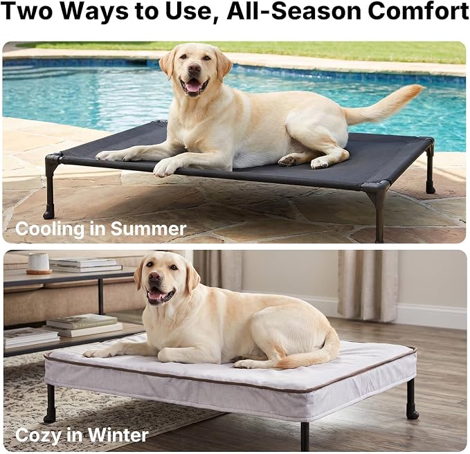 Veehoo Outdoor Elevated Dog Bed with Washable & Waterproof Cushion, Cooling | Large Raised Dog Cot with Removable Cover, Brethable Mesh, Orthopedic Pet Bed for Indoor & Outdoor, 42" x 30", Dark Grey