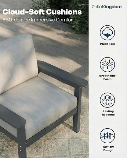Patio Kingdom Patio Furniture Set with Washable Thick Gray Cushions, HDPE Outdoor Couch, All-Weather Outdoor Sectional Furniture, Patio Conversation Sets for Lawn, Garden, Porch (Grey Frame)