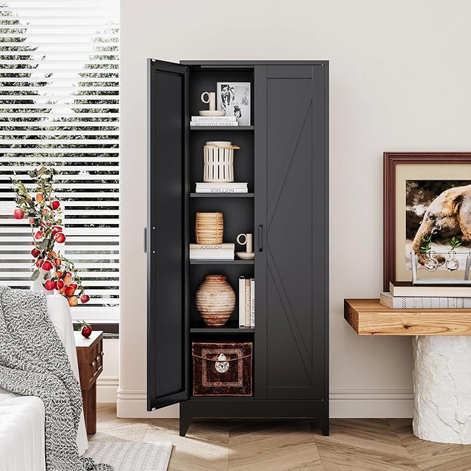 Black Tall Farmhouse Metal Pantry Linen Storage Cabinet and Organizers