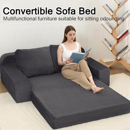 COMAX Convertible Sofa Bed Queen, Folding Floor Couch Corduroy Fold Out Couch Bed Sleeper Mattress with Back Pillows, Boneless Pull Out Loveseat Comfy Futon Lounge for Living Room Bedroom, Grey