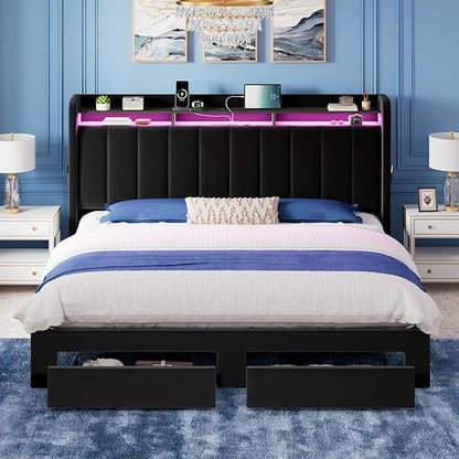 Allewie Velvet Vertical Tufted King Size Upholstered Platform Bed Frame with 2-Tier LED Storage Headboard & 2 Storage Drawers, USB & Type-C Charging Ports, Noise-Free/No Box Spring Needed, Black