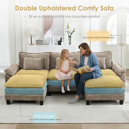 URRED Cloud Couch Modular Sectional Sofa, 122" Modern U Shaped Deep Seat Sofa with 2 Ottomans & Pillows, Ultra Comfy Chenille Couches for Living Room, Bedroom or Apartment, Khaki