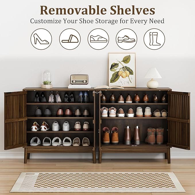 Shoe Cabinet with Slatted Doors, 4-Tier Freestanding Shoe Cabinet Storage