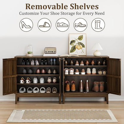 Shoe Cabinet with Slatted Doors, 4-Tier Freestanding Shoe Cabinet Storage