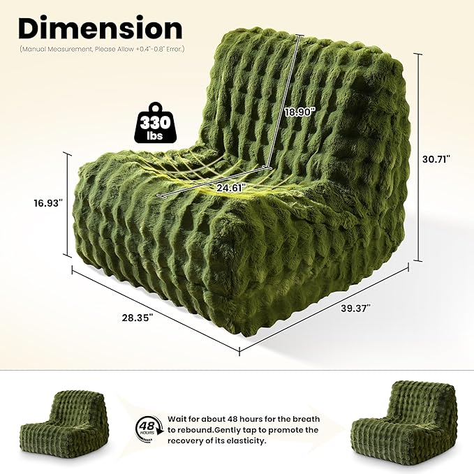 ovios Bean Bag Chair for Adult, Giant Beanbag with Plush Faux Fur, Comfy Large Big Lounger Floor Lazy Chair for Indoor Fireside Living Room Bedroom Dorm, Green