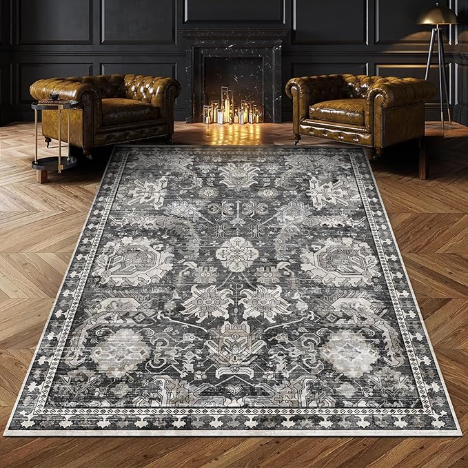 RUGSURE Washable Area Rugs - Perfect for Living Room, Bedroom, Kids Room, Nursery - Stain & Water Resistant Non-Slip, Pet & Child Friendly, Vintage Tribal Area Rugs (Grey, 4' x 6')
