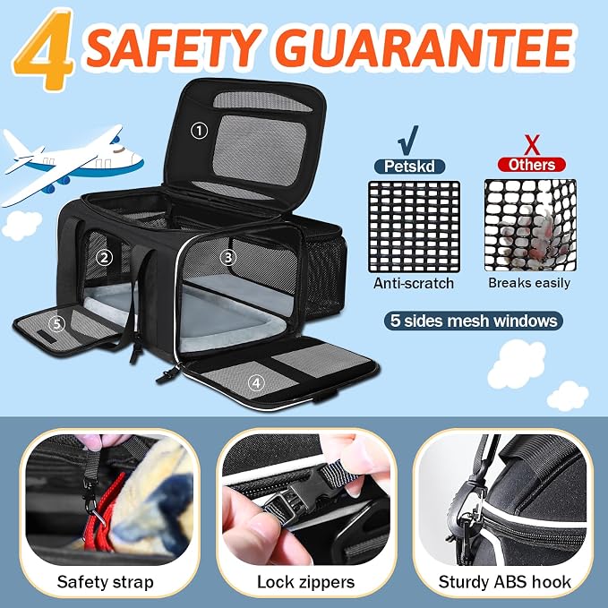 Petskd Top and Side Expandable Pet Carrier 18x11x11 Inches Delta United Airline Approved, Soft-Sided Carrier for Small Cats and Dogs with Locking Safety Zippers and Anti-Scratch Mesh(Black)
