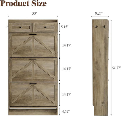 Shoe Cabinet with 3 Flip Drawers & 2 Storage Drawers, Rustic Farmhouse Narrow