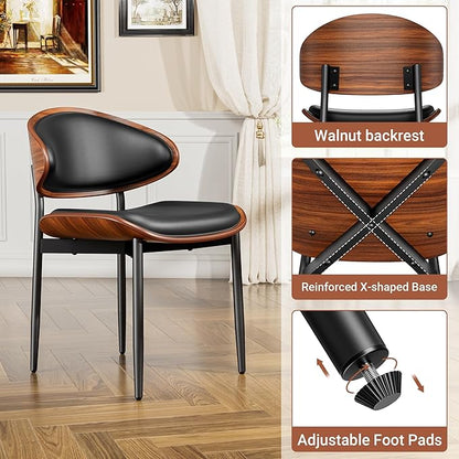YaFiti Dining Chairs Set of 6, Dining Room and Kitchen Chairs, Mid Century Modern Retro Chair, Upholstered PU Leather Chairs for Vanity with Walnut Bentwood and Metal Legs (Black)