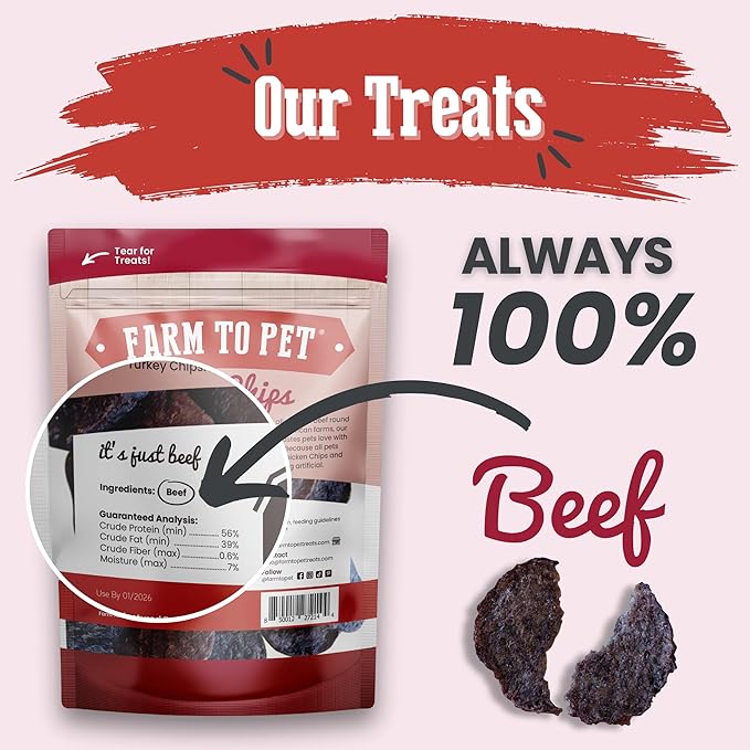 Farm To Pet - Dog Training Treats - 4 oz Beef Chips, Single Ingredient, Lean, All Natural, Healthy Treats for Small, Medium, Large Dog Breeds, & Puppies, Made in USA