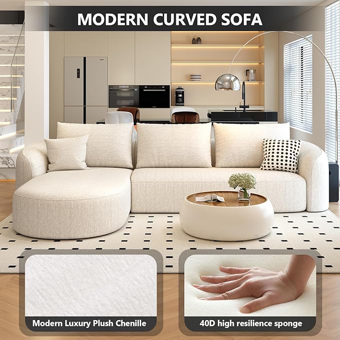 111" Modular Sectional Couches Luxury Modern Curved Back Sofa,Minimalist Comfy L-Shape Boneless Cloud Couch for Living Room Apartment,(Left Facing Chaise,White)