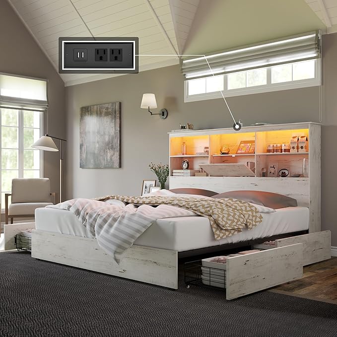 AMERLIFE Farmhouse King Size Bed Frame with 51.2" LED Storage Bookcase Headboard, Solid Wooden Platform Bed with 4 Drawers & Charging Station, Distressed White, No Box Spring Needed, Noise-Free