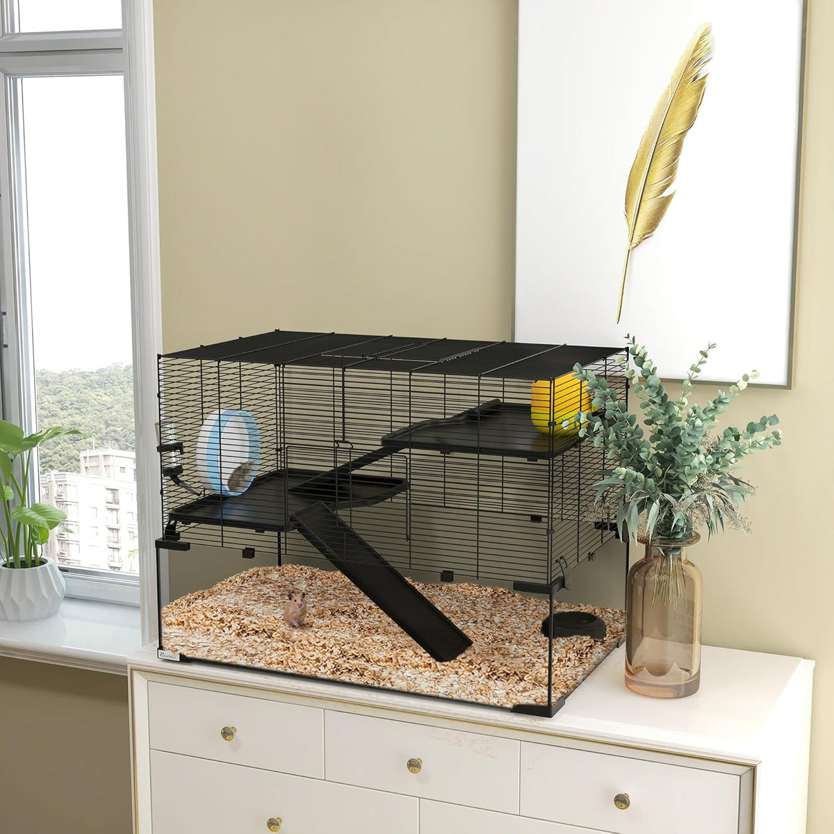 PawHut Large Hamster Cage with Deep Tempered Glass Bottom, 3 Tiers Hamster Tank with Running Wheel, Hut, Water Bottle, Dish, Rat Cage for Syrian, Dwarf, Gerbils, Mouse, 31" x 19" x 21.5", Black