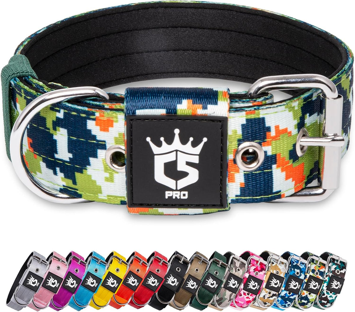 TSPRO Tactical Dog Collar 1.5 Inch Wide Thick Dog Collars with Heavy Duty Metal Buckle, Durable, Strong, Adjustable for Medium to Large Dogs (Camo Green L)