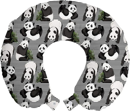 Ambesonne Tropical Travel Pillow Neck Rest, Funny Panda Bears and Exotic Leaves on Minimalist Stripes Modern, Memory Foam Traveling Accessory for Airplane and Car, 12", Dark Blue Grey and White