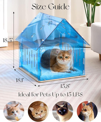 Acrylic Cat House for Indoor Cats, Transparent Cat Bed Cave with Plush Cushion & Hanging Toys, Modern Ventilated Cat Condo with Sturdy Wooden Base for Adult Cats & Kittens up to 15 lbs, Blue