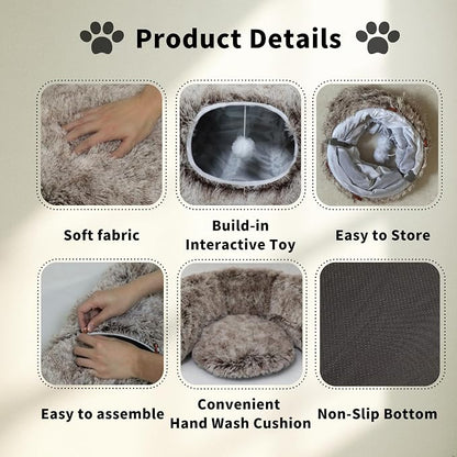 Cat Tunnel Bed for Indoor Cats with Washable Cushion Cat Cave Donut Tunnel with Fluffy Ball Big Round Tube Pet Playground Toys Soft Plush Peekaboo for Kitten, Cat, Puppy, Rabbit, Ferret（Brown）