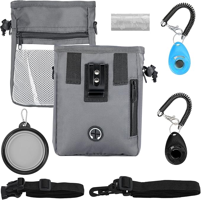 Dog Treat Pouch, 3 Ways to Wear Treat Pouches for Pet Training, Dog Training Treat Pouch with Waist Belt Shoulder Strap, Poop Bag, Collapsible Bowl, Dog Training Clicker
