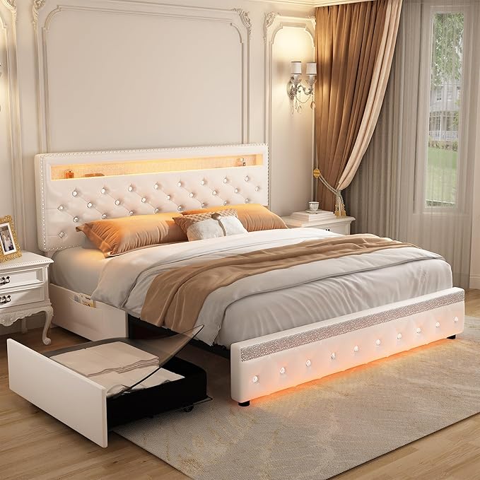 Full Led Bed Frame with 2 Drawers, Upholstered Bed Frames Full Size with 2 Storage Pockets, Platform Bed with Adjustable Height Crystal Button Tufted Headboard, No Box Spring Needed, PU White