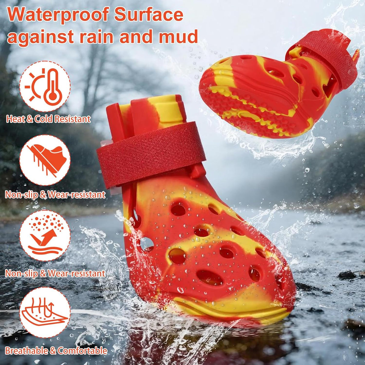 Dog Shoes for Hot Pavement and Snow, Silicone Dog Booties for Small Medium Large Dogs, Waterproof Paw Protectors- Non-Slip, Adjustable Straps, Dog Boots for Beach/Rain/Hiking (Yellow Red, S)
