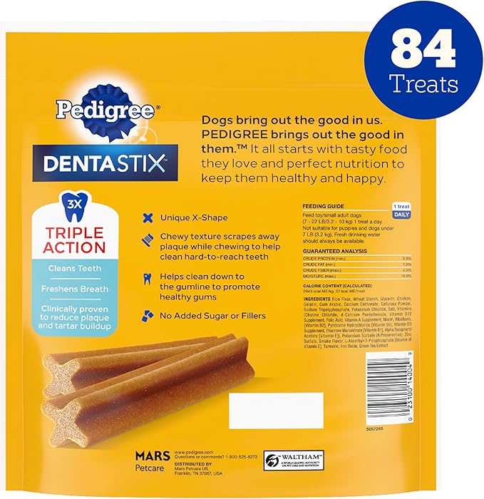 Pedigree Dentastix Small and Toy Breed Dog Treats, Original with Real Chicken, 17.7 oz. Bag (84 Treats)