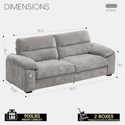 Ihanherry 90" Modern Sofa for Living Room, Deep Seat Chenille Couch with Fast Charging Port & Removable Washable Cushions, Pillow-Armrest Loveseat for Small Space/Apartment, Sturdy Frame, Grey