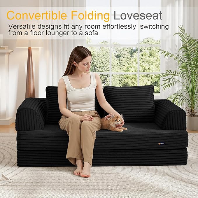 COMAX Convertible Sofa Bed, Folding Floor Couch Corduroy Fold Out Couch Bed Futon Sleeper Mattress with Pillows, Boneless Sofa Comfy Lounge Loveseat for Living Room Bedroom, Plush Black
