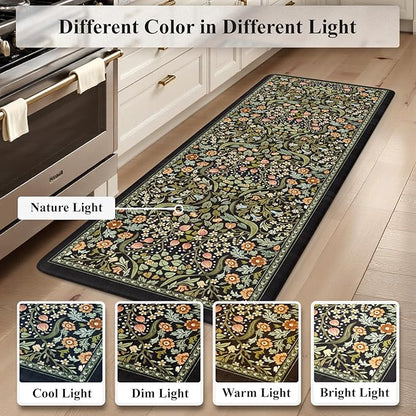 Collive Kitchen Floor Mat Cushioned Anti Fatigue, Boho Floral Desk Mats Non Skid Waterproof Kitchen Sink Rugs Sets of 2, Memory Foam Comfort Standing Carpet for Office, 20" x 47" + 20" x 32", Black