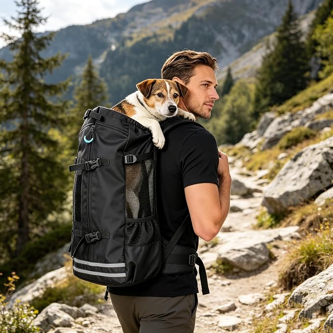 Big Dog Backpack Carrier, Black-M | Extra Large Pet Carrier for 66lbs Dogs, Fully Adjustable Water-Resistant Dog Travel Bag for Hiking Cycling Outdoor Adventures