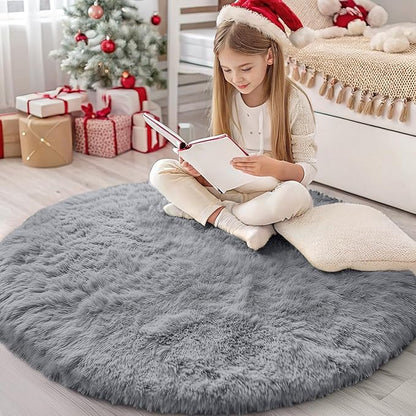 OLANLY Light Grey Round Rugs for Bedroom - Machine Washable, 4 ft Circle Area Rugs for Living Room, Soft and Fluffy Shaggy Carpet for Teen Girls and Boys, Nursery Rooms, Dorms, Home Decor Aesthetic