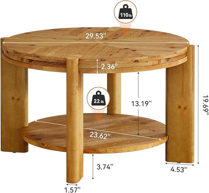TRIBEWOOD Round Solid Wood Coffee Table, 29.5" Small Farmhouse Circle Accent Center Tables with Storage Shelf for Living Room, 2 Tiers Open-Style Storage Cocktail Tea Furniture, Rustic Brown